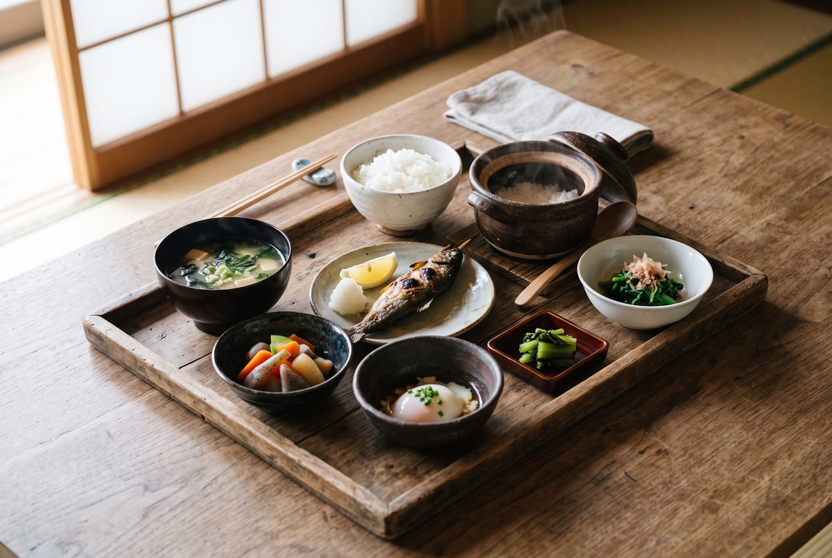 土鍋のごはん、味噌汁、川魚、野沢菜、温泉卵の朝食の膳